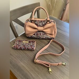 Betsey Johnson Pink Bow and Multicolor Sequin Satchel and Matching Wallet